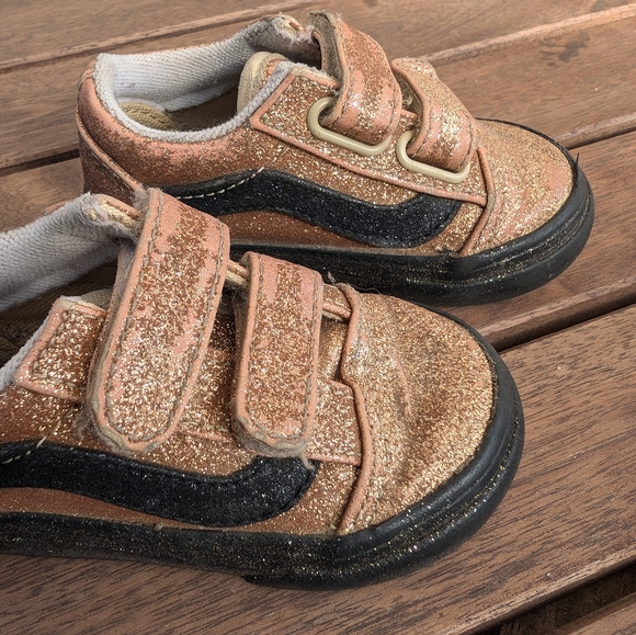 Vans old skool Velcro party gold gitter kids trainers - Picture 3 of 8